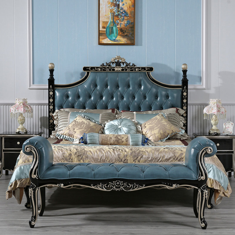 Banc en bois de bouleau sculpté et cuir de style européen pour chambre et salon, Bleu, Noir