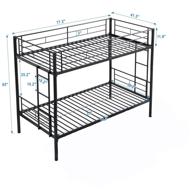 Lit superposé simple au-dessus de simple en métal pour adolescents et adultes, Noir