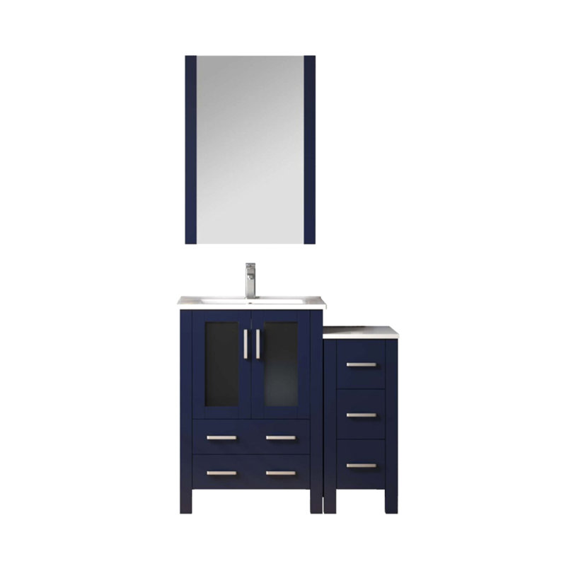 Bleu marine 36 po Meuble-lavabo large pour salle de bain avec armoire latérale, comptoir en céramique, robinet et comptoir de salle de bain longue durée à 22 miroirs