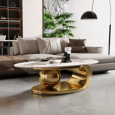 Table basse en métal doré avec piédestal en acier inoxydable et plateau en faux marbre