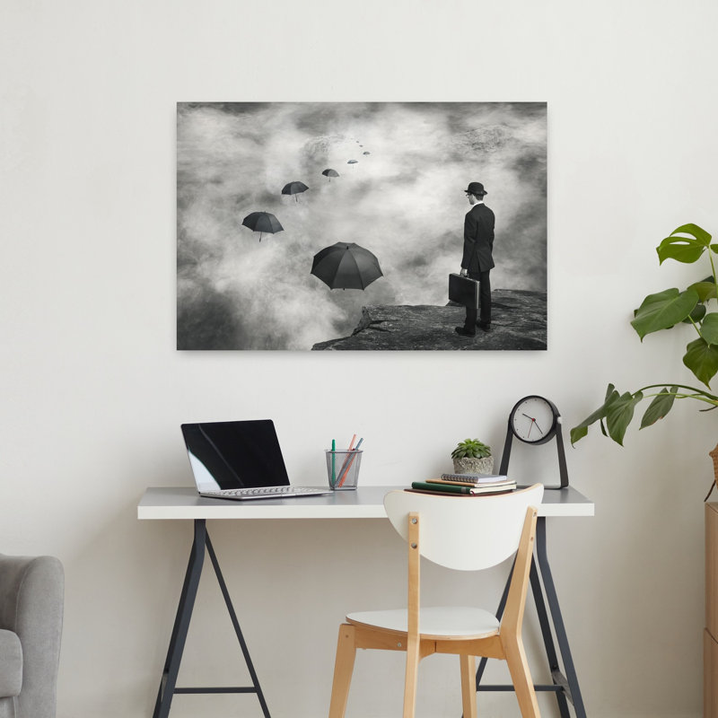 Homme et parapluies flottants, H 24 po x l 36 po