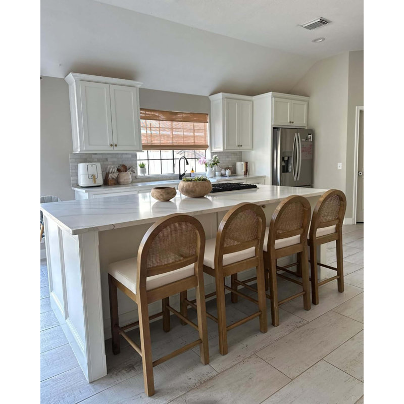 Upholstered Rattan Bar Stool Set Of 2, Counter Height Stool With Natural Rattan Woven Back For Kitchen Island