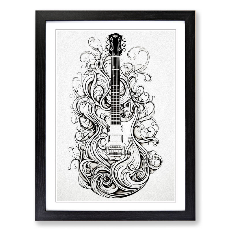 Guitar Line No.2 - Single Picture Frame Print on Wood, Black, 46cm H x 34cm W x 2cm D