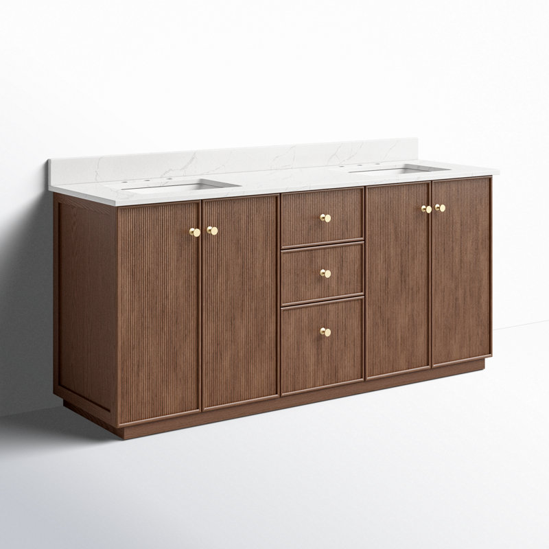 Amella 72'' Free Standing Double Bathroom Vanity with Quartz Top, Dark Brown Oak