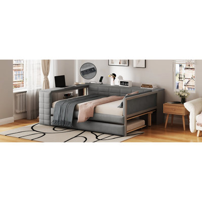 Full Size Upholstered Platform Bed With Gray Velvet Upholstery, Storage Shelves, Desk, Charging Station And Twin Trundle For Modern Home 2 Ports Bedroom Organization