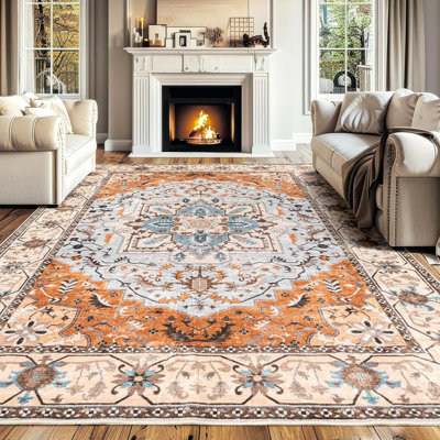 Tapis d'intérieur lavable à motif floral oriental rétro avec envers en caoutchouc