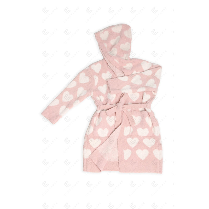 Children'S Patterned Luxury Soft Hooded Robe W/ Front Pockets Belt - HEART