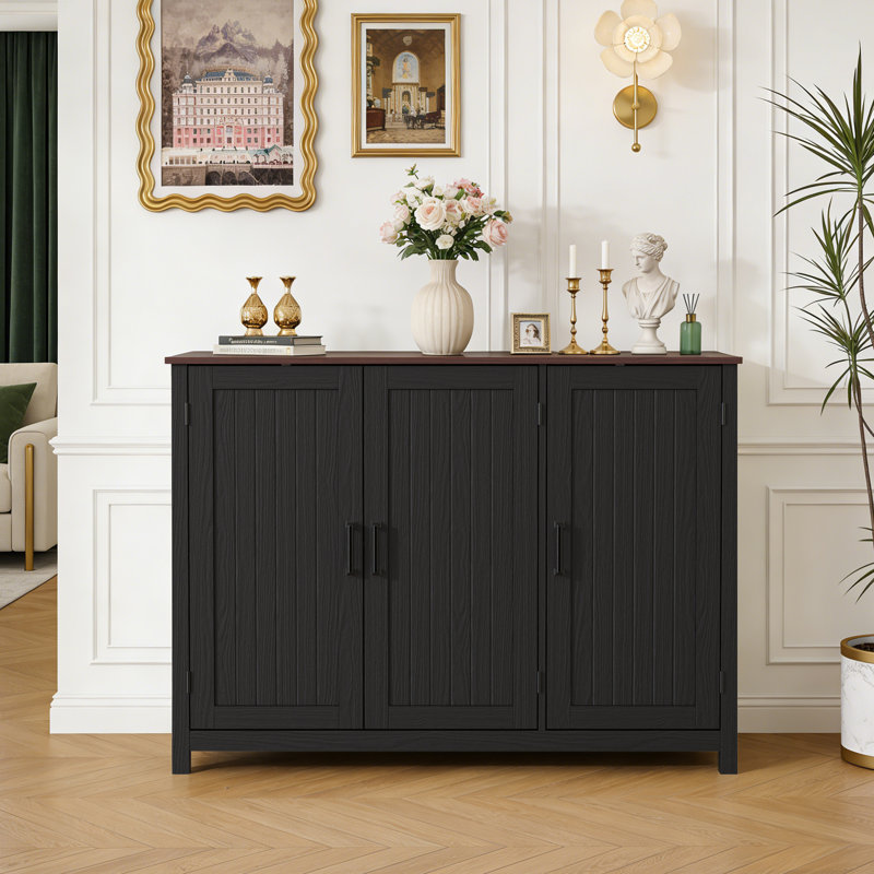 47.2" Farmhouse Buffet Cabinet With Storage, Kitchen Storage Cabinet With Doors And Adjustable Shelves, Rustic Kitchen Credenza, Wooden Sideboard Cabinet For Kitchen, Black
