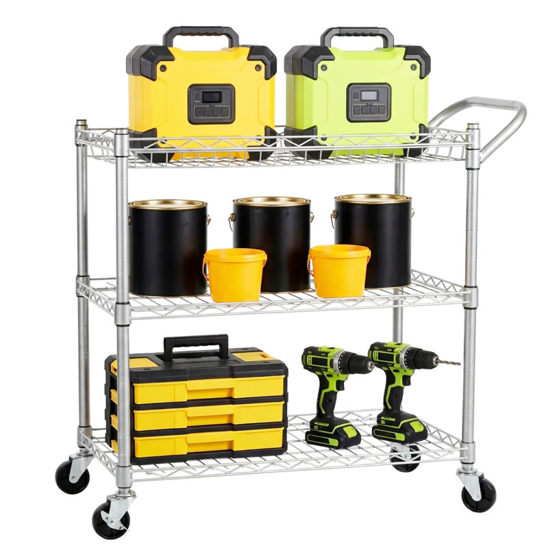 Chariot utilitaire roulant robuste à 3 niveaux, chariot de service en métal avec capacité de charge de 990 lb avec poignée et doublures, roues verrouillables pour cuisine, restaurant, argent avec 3 coussins