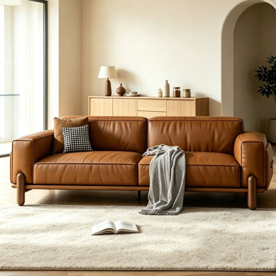 Canapé moderne en cuir véritable, canapé de salon avec pieds et inserts en bois, canapé en cuir avec zone de contact double couture et structure en bois massif