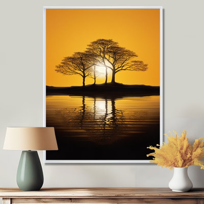 Coucher de soleil jaune à travers des silhouettes d'arbre noir - Art mural chêne