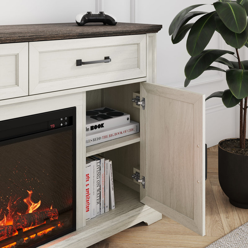 e Meuble télé 68 po avec foyer électrique 36 po, fonction sonore, minuterie, télécommande, Blanc