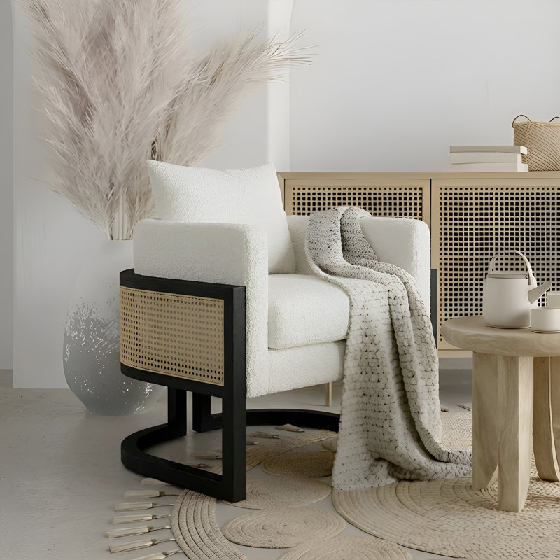 30.9" W Rattan and Wood Wide Armchair Upholstered Barrel Chair, White Faux Fur Cushion/Black Frame