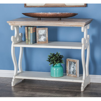 Czajkowski Wood Scroll Side Frames 2 Shelf Console Table with Brown Wood Top