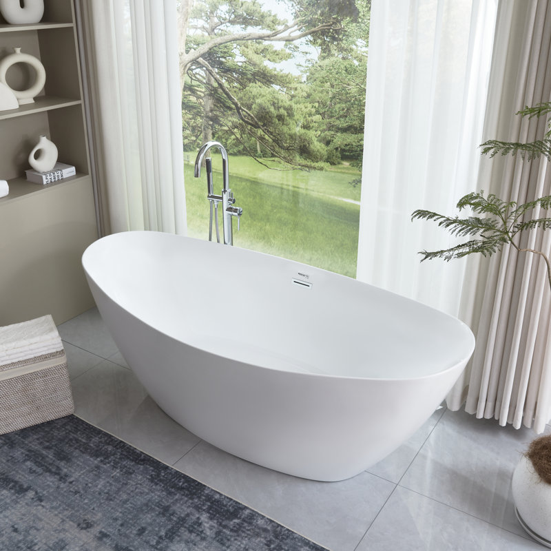 71" x 33" Freestanding Soaking Acrylic Bathtub, White/Polished Chrome
