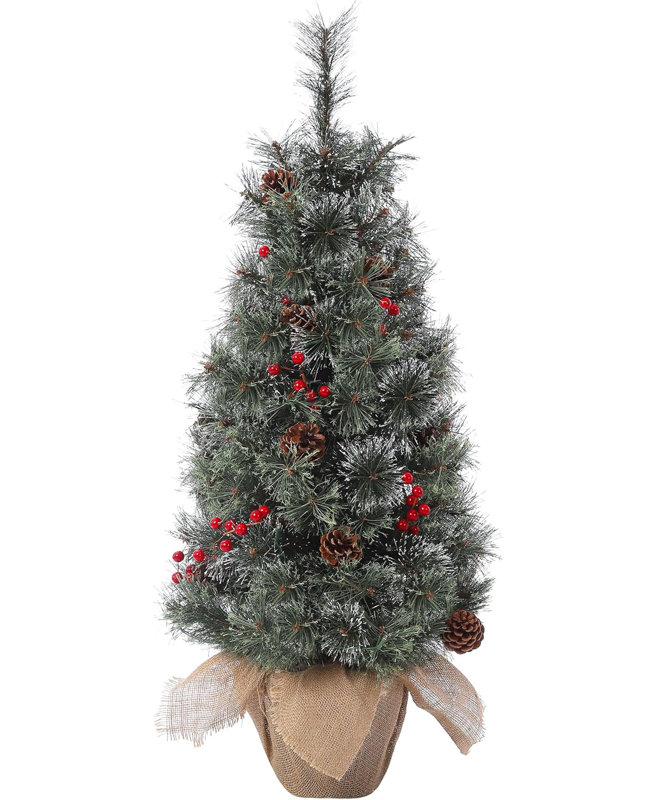 Petit sapin de Noël enneigé 3 pi avec mini-arbre de Noël avec 78 lumières à DEL et base de pommes de pin et baies rouges, décorations de Noël pour foyer, dessus de table, décoration intérieure