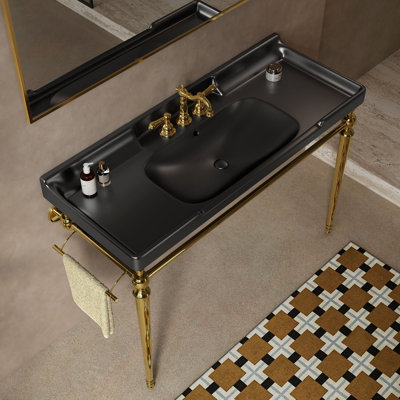 Lavabo de console de salle de bain 48 po, meuble-lavabo mural en céramique avec 3 trous de robinet pré-percés, pieds de support autoportants en acier inoxydable avec barre à serviettes, sans robinet