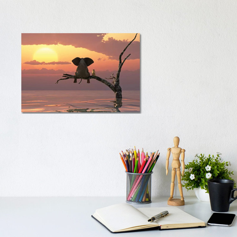 Elephant And Dog Sit On A Tree During A Flood by Mike Kiev - Print on Canvas, Wrapped Canvas, 20.32 cm H x 30.48 cm W