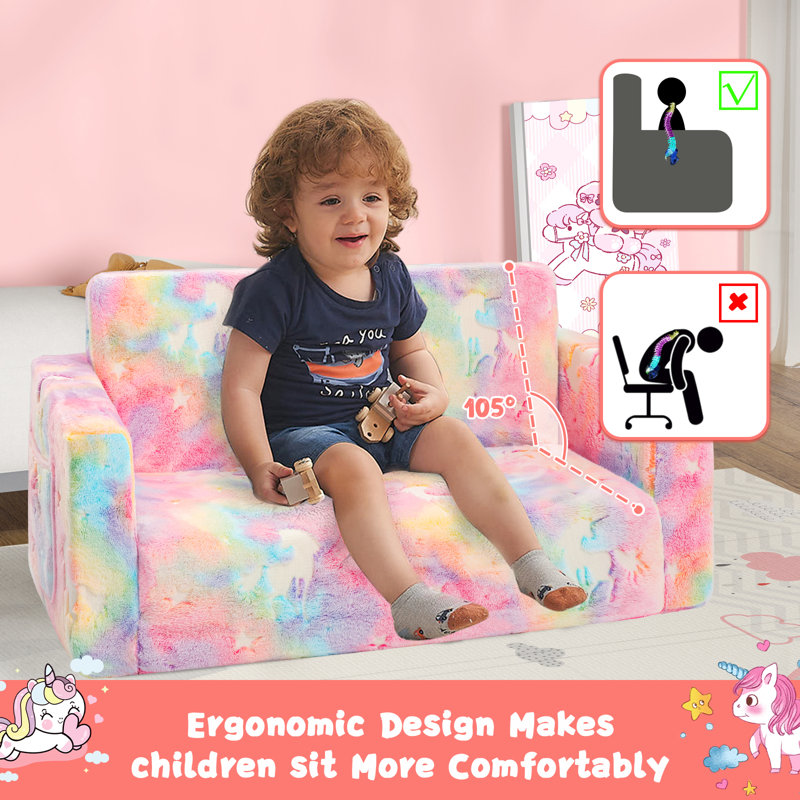 Amilee Kids Couch Sofa, Folding Toddler Couch, Pink Unicorn, 16" H x 30" W x 17" D