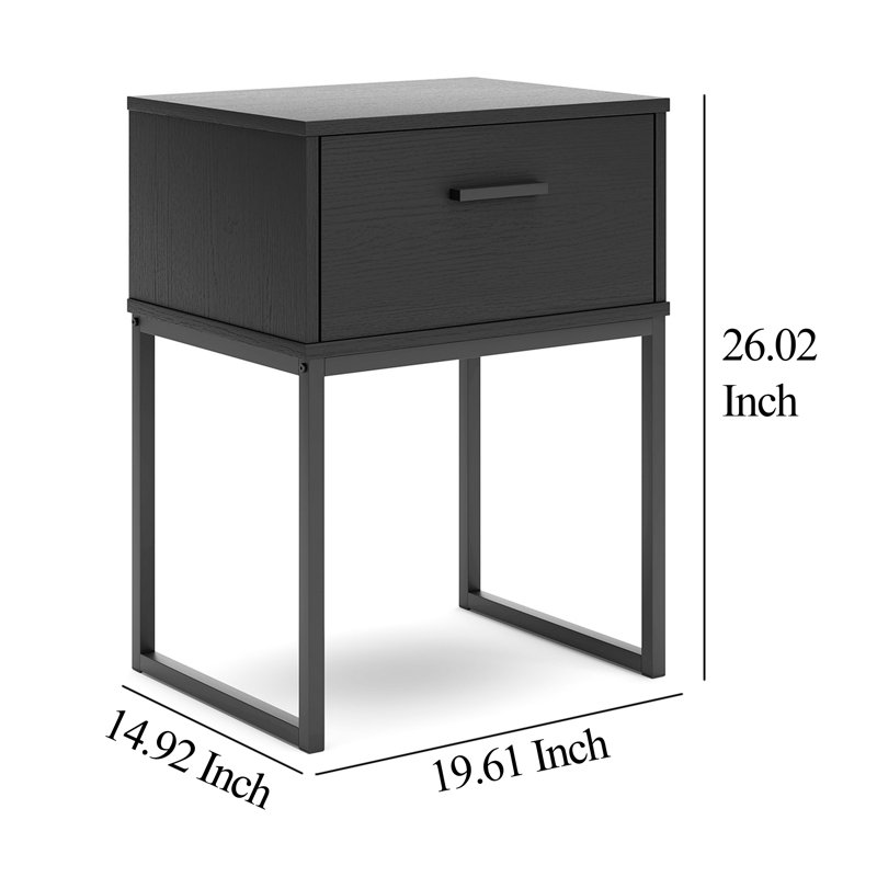 Table de chevet Alli, 1 tiroir, bois, pieds en métal, 26 po, Noir mat