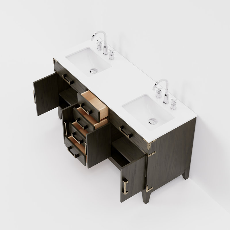 Ensemble de meuble-lavabo double 60 po x P 22 po Laurel, Chêne brun, Marbre de culture blanc