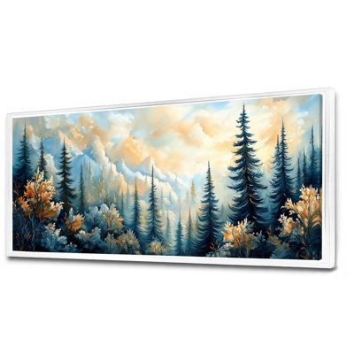 «Gold Blue Morning Light Forest Scene I - Gold Moody Large», impression sur toile encadrée sereine