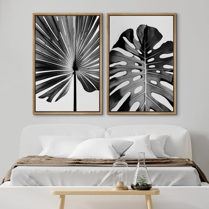 Reproduction de feuilles tropicales noires et blanches Monstera Jungle, H 36 po x l 48 po x P 1,5 po, Cadre naturel flottant