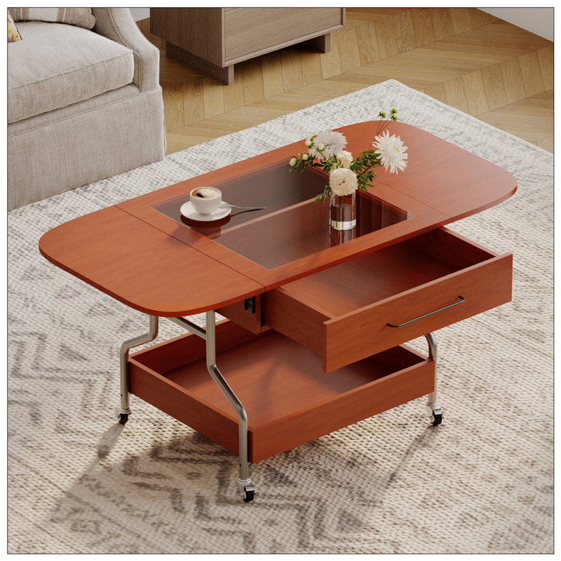 Table basse moderne et fonctionnelle avec roulettes, conception pliante et amplement de rangement pour un salon polyvalent
