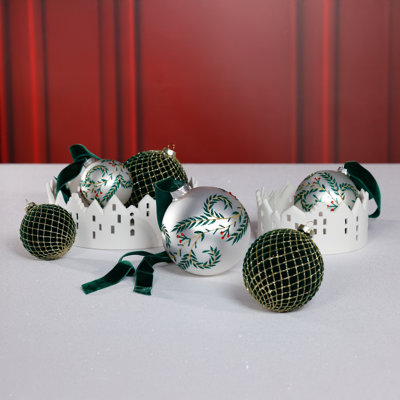 White Metallic Glass Ball Holiday Ornaments with Green Leaf Design, Set of 6