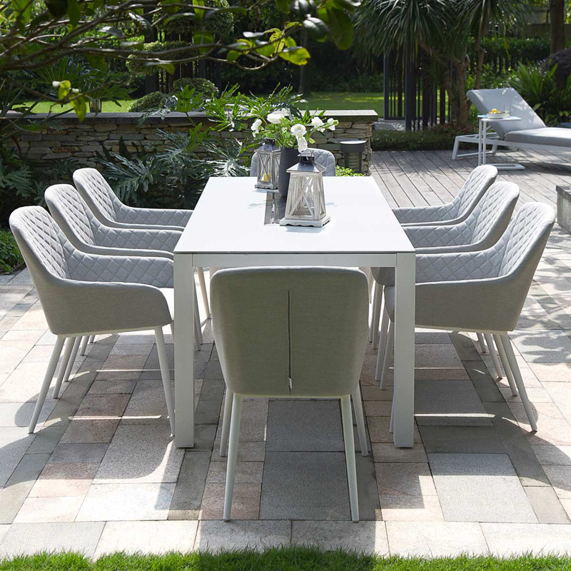 La Rena Outdoor Fabric 8 Seat Rectangular Dining Set - with Fire Pit Table - Lead Chine, White, White