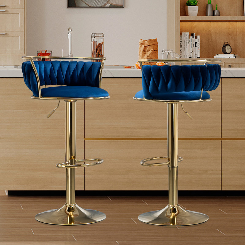Christal Height Adjustable Swivel Bar Stool, Navy Blue, Gold