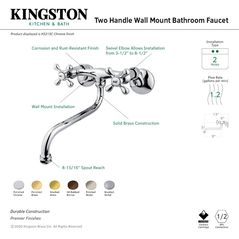 Robinet de salle de bain mural 2 trous Kingston, Chrome poli
