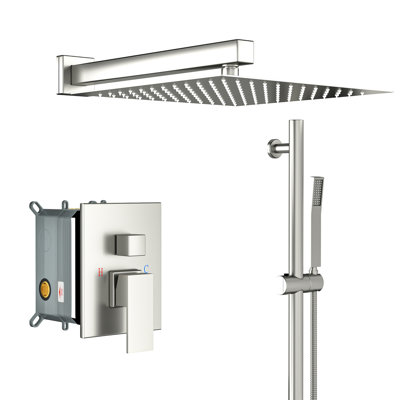 12 Inch Square Shower In Brushed Nickel - Adjustable Slide Bar, -Balanced Valve & Handheld Component With Head Ingredient