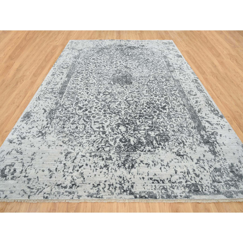 Tapis gris noué à la main de conception unique 9 pi 10 po x 14 pi nouvel âge Udelia