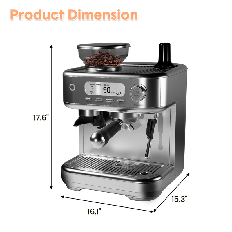 15 Bar Espresso Machine with Grinder, Milk Frother & PID Temperature Control, Professional Espresso Maker
