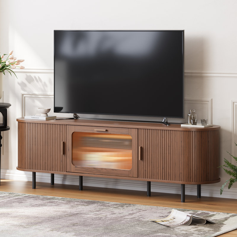 TV Stand for TVs up to  With Glass Flip Doors, LED Lights & Hidden Power Strip, Walnut