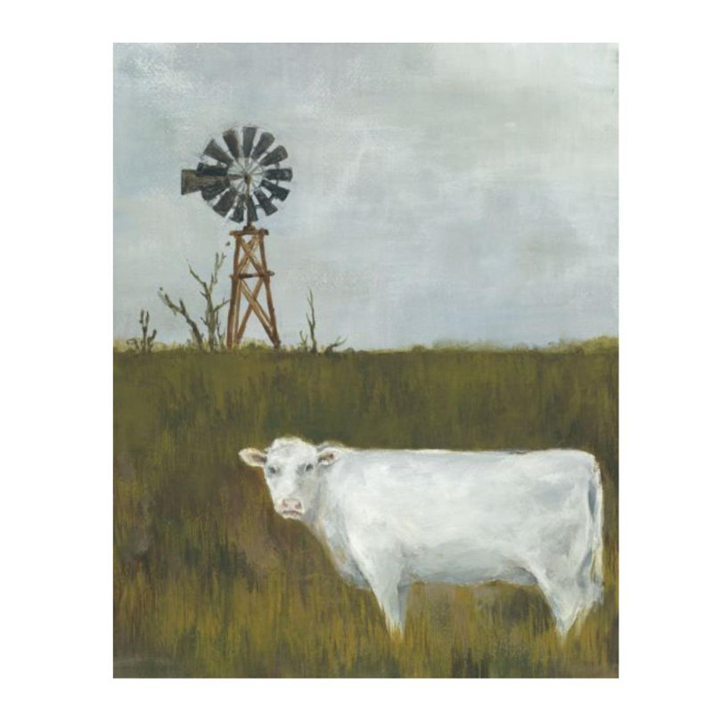 White Cow And Windmill Painting by Sara Brown, Glass Coat, 38" H x 30" W x 1.5" D