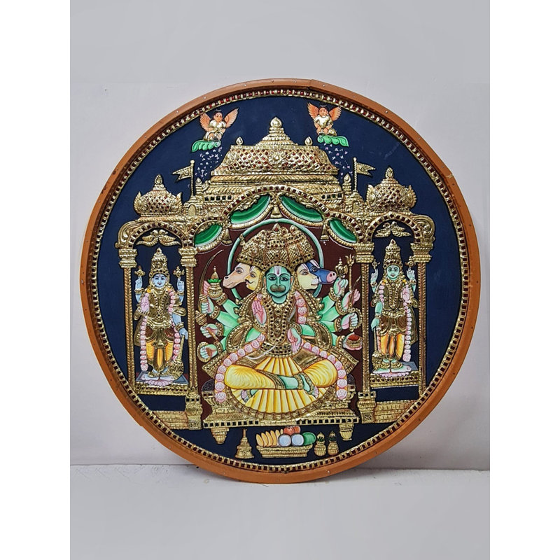 Tableau du dieu assis Panchmukhi Hanuman Tanjore | Couleur naturelle avec travail doré