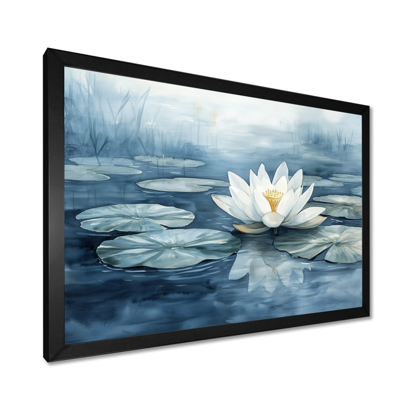Étang apaisant aux lotus blancs et bleu pâle - Tableau encadré, H 24 po x l 32 po, Black Picture Framed