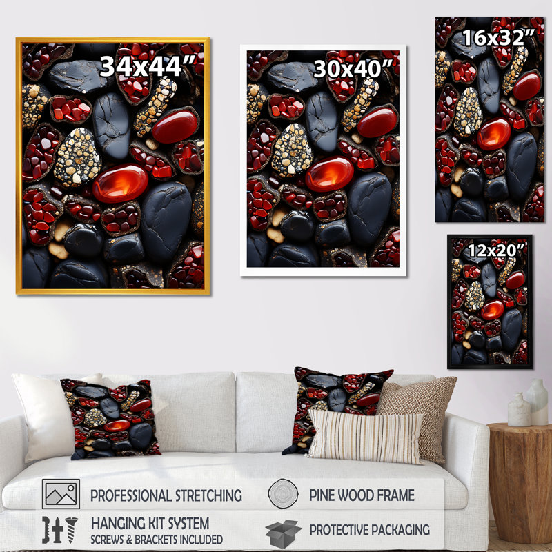 Stone Ruby Radiance 1 - Stone Geode Wall Art, Black Single Picture Framed, 44" H x 34" W x 1.5" D