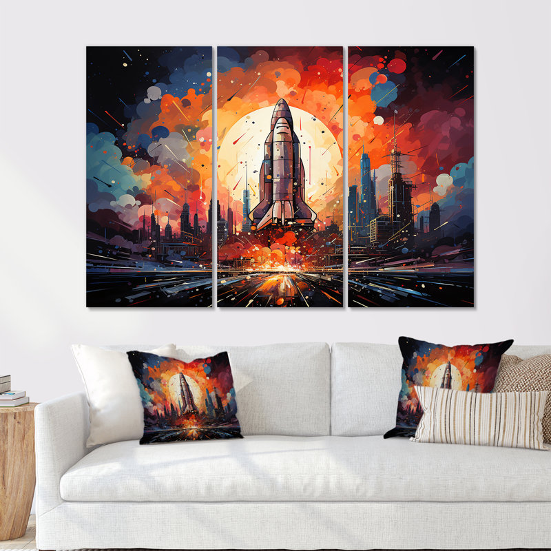 «Expressionist Space Shuttle Burst I», ensemble d'art mural fusée, Toile tendue, H 40 po x l 60 po x P 1 po