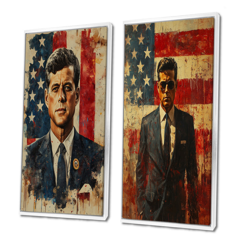 Jfk président sur le drapeau des États-Unis I - Paysages, art mural 2 panneaux, H 32 po x l 33 po, Cadre flottant blanc