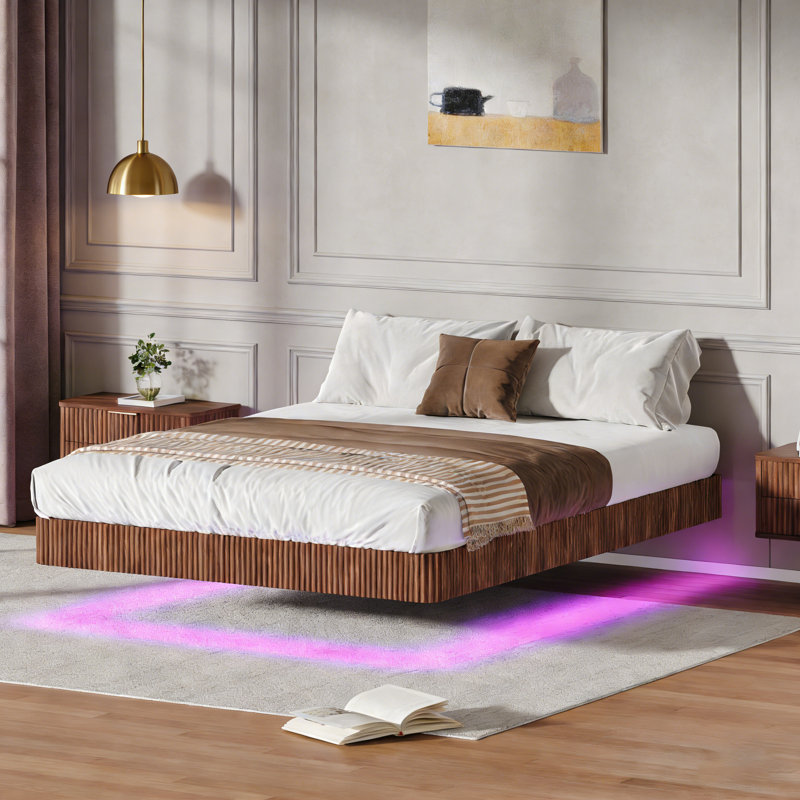 Queen Walnut Floating Bed Frame With LED Lights - Wave Curve Wood Texture, Heavy Duty Metal Slats, No Box Spring Needed