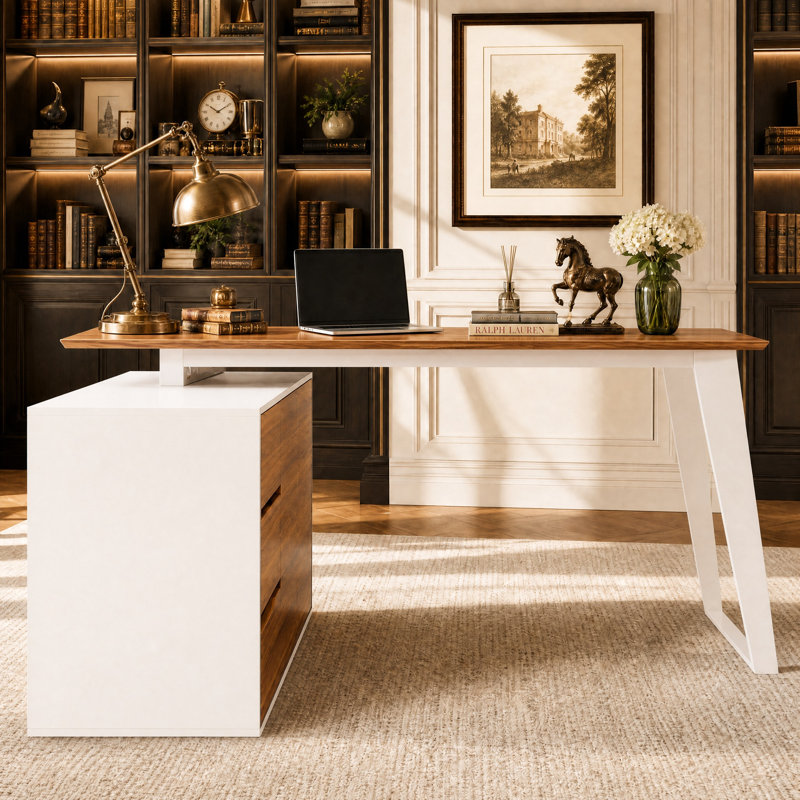 Bureau d'ordinateur en L avec armoire de rangement et tiroirs, bureau d'angle avec espace de travail flexible, Blanc