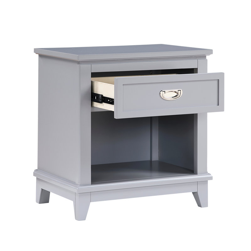 Table de chevet de chambre à coucher grise de style classique, 1 tiroir et tablette, poignées en nickel poli, sans assemblage, finition H 26 po - avec utilisation inférieure, largeur 16 po