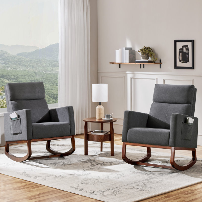 Chaise berçante moderne à dossier haut avec pieds en bois massif, Gris