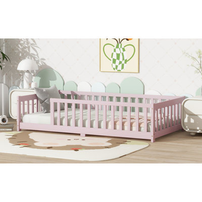 Twin Floor Bed With Safety Guardrails | Eco-friendly Rubber Wood | Modern Fun Pink | Ideal For Kids' Transition & Play