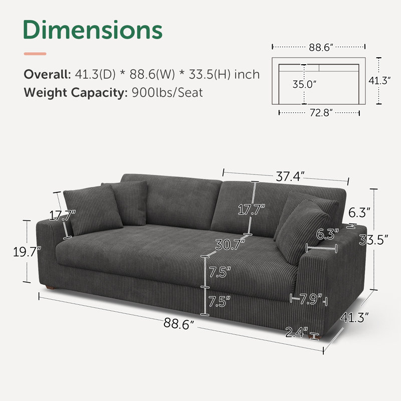Cottone Upholstered Corduroy Sofa With Accent Pillow, Gray