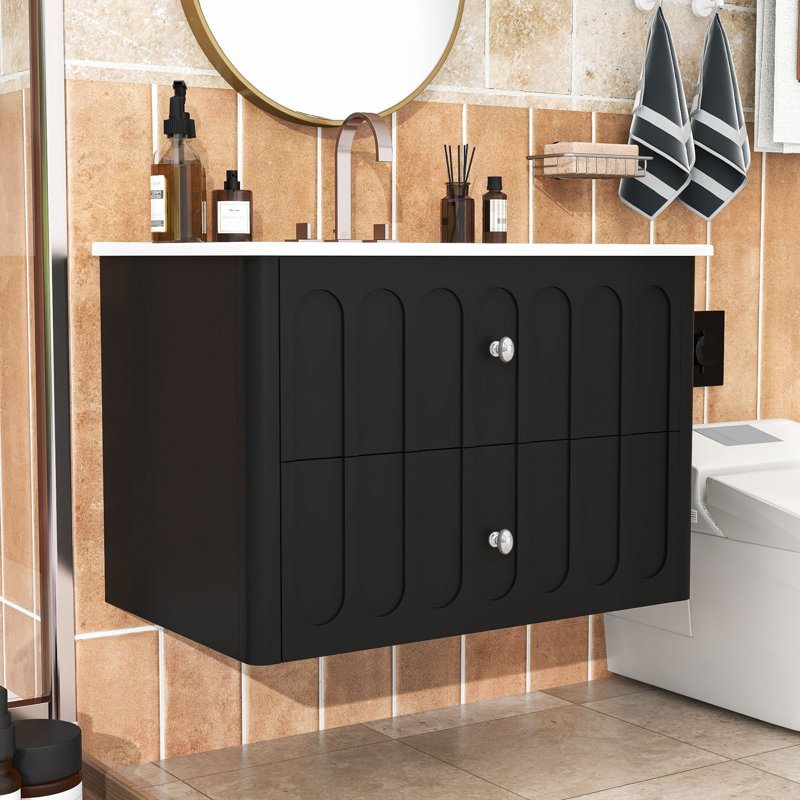 Meuble-lavabo mural moderne avec lavabo en céramique, tiroirs à fermeture en douceur et rangement compact, Black