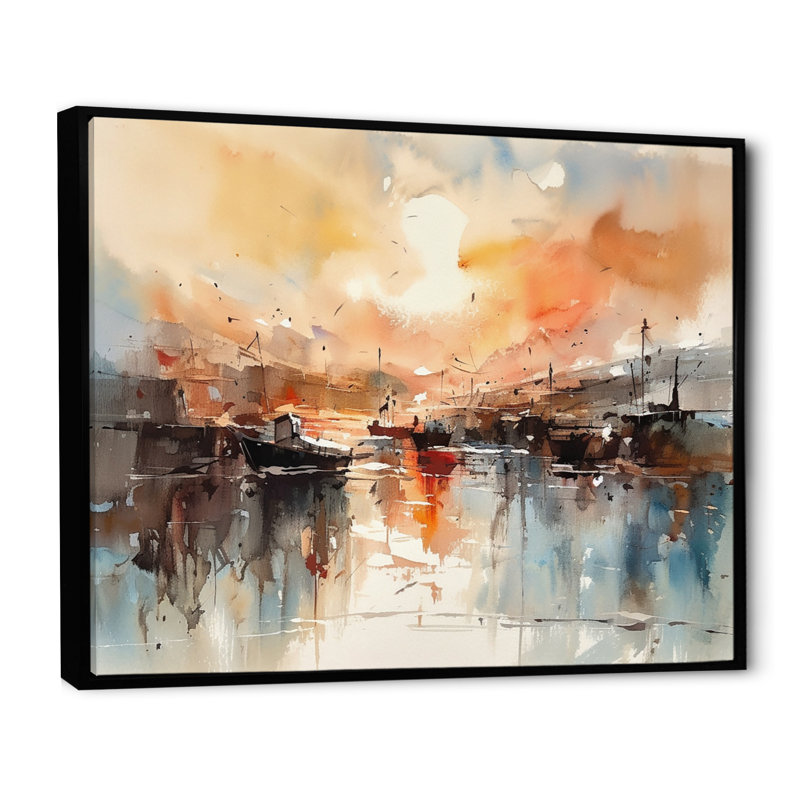 «Orange and Brown Harbor Reflections», reproduction sur toile encadrée, Noir, noir, noir, noir, H 34 po x l 44 po x P 1,5 po